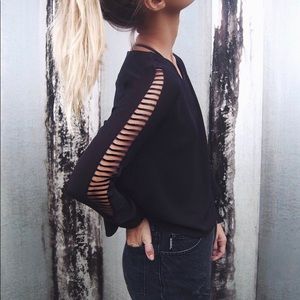 ASTR Ladder-Cutout Sleeves Blouse | PRICE FLEXIBLE